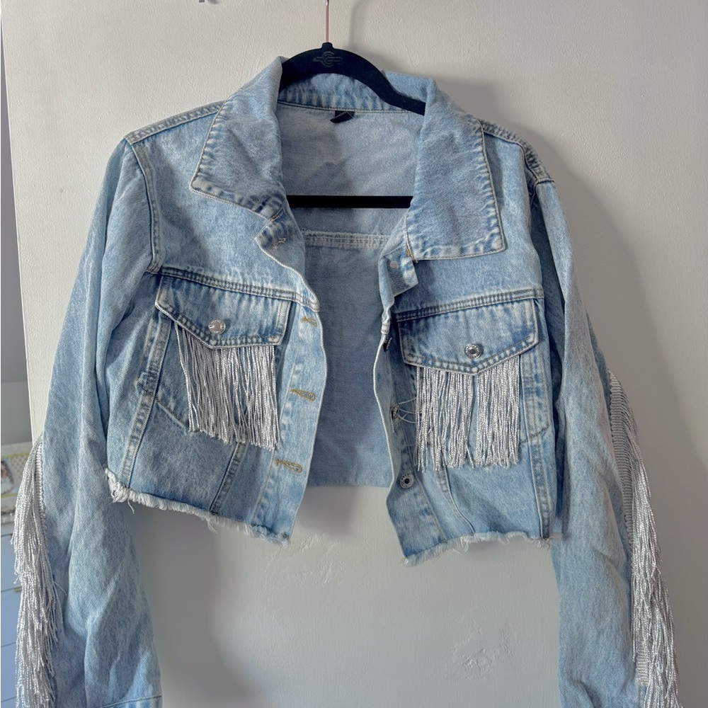 SHEIN Light Blue Jean Jacket with Fringe